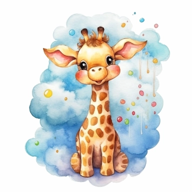 a captivating watercolor clipart image with a white background and white margins, featuring a cute sweet kawaii extremely happy smiling cartoon baby giraffe on a cloud, full body. The ultra-detailed, hand-drawn elements capture the details. Use vibrant shades of various colors to create a visually appealing image