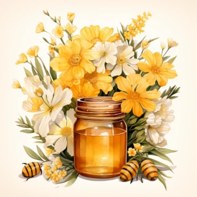An ultra-detailed watercolor clipart illustration, drawn with a thick watercolor line, adorned with [honey jar with flowers] with the bouquet, isolated on a white background, in the style of ultra-realistic watercolor clipart illustrations, intricately detailed watercolor clipart illustrations, hyperrealistic watercolor clipart illustrations, and high-resolution watercolor clipart illustrations