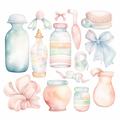 Create a watercolor clipart set featuring a variety of baby items, such as bottles, pacifiers, rattles, and blankets. Use soft, pastel colors and delicate lines to capture the innocence and sweetness of infancy, white background