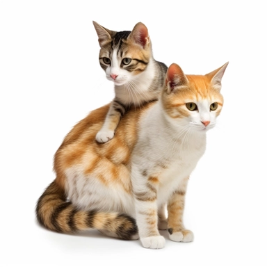 baby cat on back of adult female cat, clipart, bright colors, sty6le of Cecily Mary Barker, isolated white background