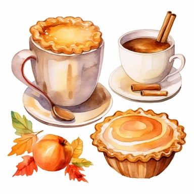 Watercolor illustration fall pumpkin pie, coffee mug, pies and leaves, in the style of knitted and crocheted, light white and beige, raw materials, wrapped, spiral group, charming characters, use of common materials , style by Lucy Fleming, watercolor, smooth gradients, black contour outline, ultra detailed, clipart elements, delicate pastel colors, solid white background, super clear, high quality