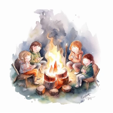 watercolor clipart campfire with people sitting around, and mashmallow, kettle