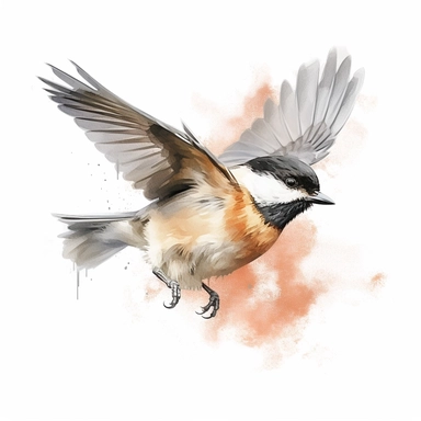 realistic watercolor chickadee flying with its wing swinging downwards, on white background, spaced out, clipart
