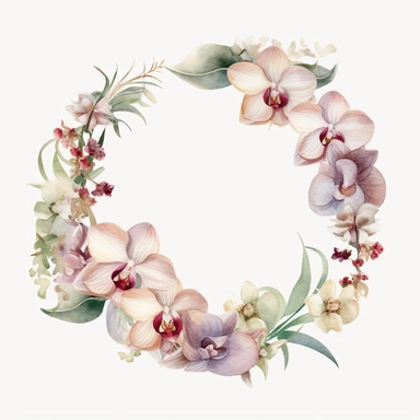 watercolor orchid wreath on white background, in the style of muted and subtle tones, intricate floral arrangements, uhd image, subtle realism, asymmetrical framing, fawncore, wedding clipart, floral accents, no background