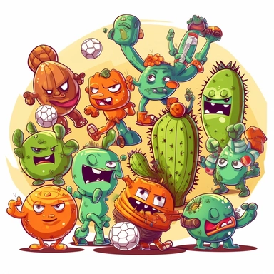 many cactus monsters with sports activities at the clip art