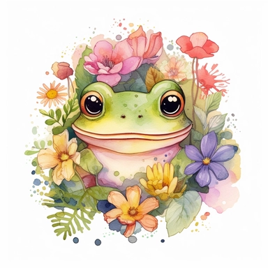 a clip art of a cute kawaii frog face surrounded by wild flowers watercolored