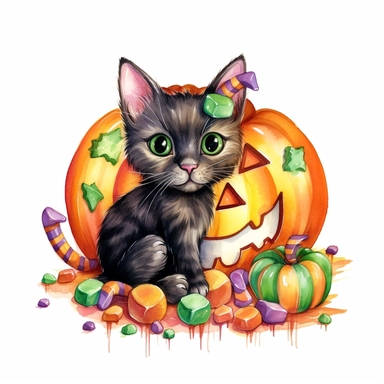 a large Halloween pumpkin, pumpkin is filled with colorful wrapped candies, lollipops, and candy corn, inside the pumpkin is a cute little black kitten with big green eyes, scattered candy is laying flat around the pumpkin, Halloween colors, magic, fantasy, watercolor, clipart style, white background with margins
