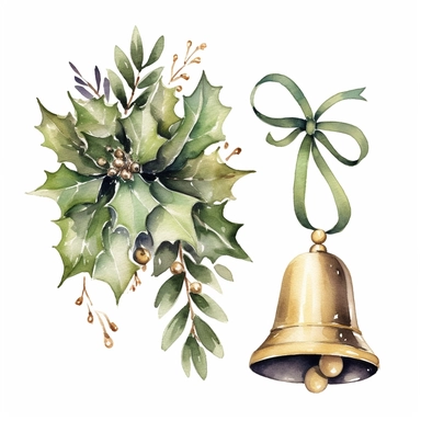 Christmas Bells Clipart, lateral view, clipart, transparent background, clear background, green leaves, high resolution, watercolor, vector, 12k, 300 dpi, 12: 12 ratio