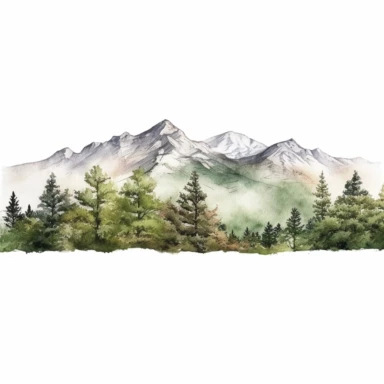 Watercolor wide mountain scene with trees, beautiful details, ultra detailed, ultra photo real intricate detailed, high definition, graphic clipart, hyper realistic, detailed, white background