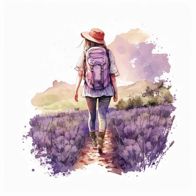 water color girl hiking in a lavender field in summer, at sunset on a windy day, light pink colors, she is wearing boots and backpack, realistic look, clipart, hd, white background