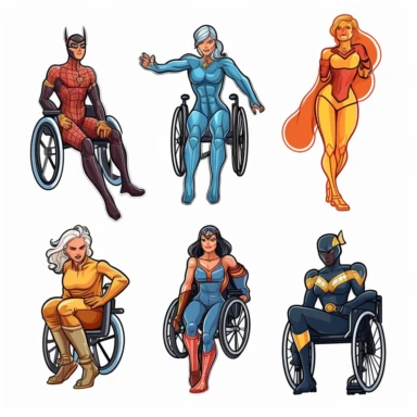 6 clipart elements, series of very hyperdetailed colorful stickers, beautiful superhero women with disabilities using aids, marvel style, superheros, each sticker with a clear white outline between each element, light grey background, realistic