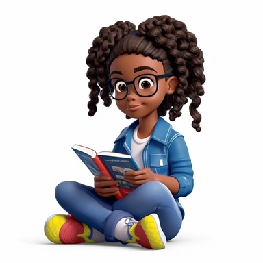 3D toy of a young happy black girl wearing a school uniform outfit sitting down reading a book in the style of boondocks in the style of marvel comics cartoon with white background can't believe how beautiful this is clipart, graphic vector, isolated on white background