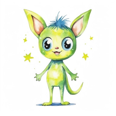 Watercolor illustration of a smiling and cute kawaii furry baby space alien, big eyes with reflection of cosmos, children clipart illustration, white background, whole body shot