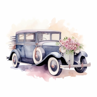 watercolour wedding car, clipart on white background, highly detailed, professional color gradation, clean sharpness