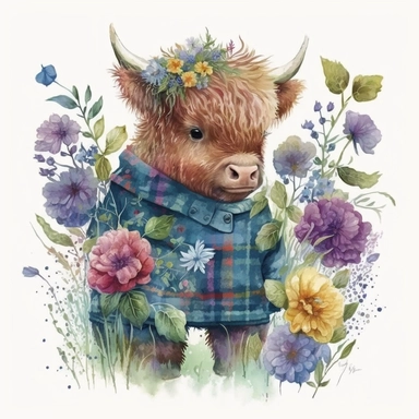 A captivating watercolor clipart: a lively highland calf dressed in adorable clothes, exploring a garden of blooming flowers. Playful and charming. HD quality. Resolution: