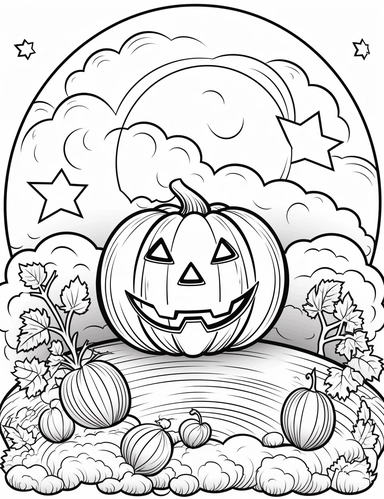 clipart cartoon Halloween pumpkin patch in a in the style of Pierre-Auguste Renior black and white coloring book, black and white smooth thick lines, cloudy moon, no background