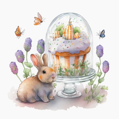 a realistic cute bunny eating a carrot in a glass dome,not deformed, patterned Easter eggs on a stand, candles and easter muffins, watercolor effect, realistic figures , kids story style, soft colored view , fantastic scene, small colored flowers and lavender , white background , suitable for digital clipart