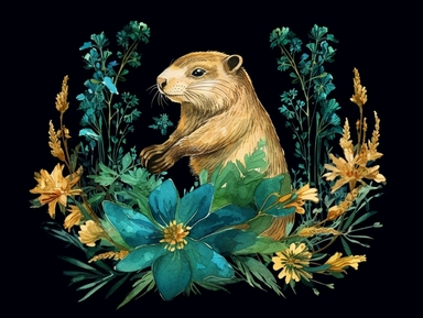 deep emerald gold watercolor Gopher with flowers plants clipart, golden metallic lines and some glitter, shining colors, dark background, 8k, high resolution