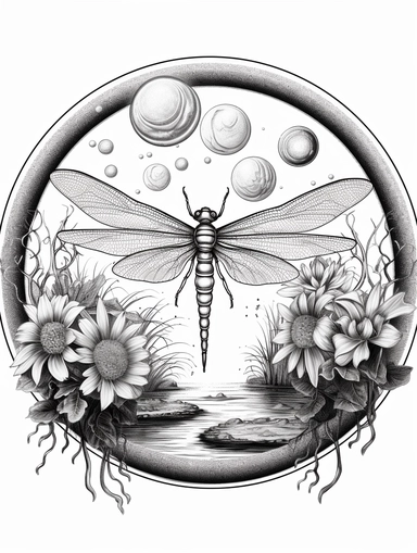 Coloring pages, linework, clip art, white background. In a circle, dragonflyplaying in a circle with clous and bubbles.