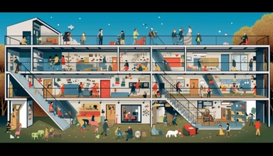 illustrated creative university space, lots of people are working, hidden object, funny, minimalistic, vector clipart, 8k, high detail