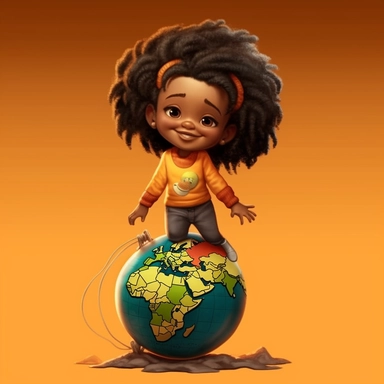 full figure children book illustration style, smiling, cartoon marvel comic book black sisters baby girl 5 years old, anime, beautiful cartoony 3D animation cartoon baby girl happy,smiling,dark black African-American, with wavy long tresses-jacket in the style of realistic color, palette, sitting on the world globe,studio portrait, bold curves, Crisp and clean look style full body,on white background, clipart