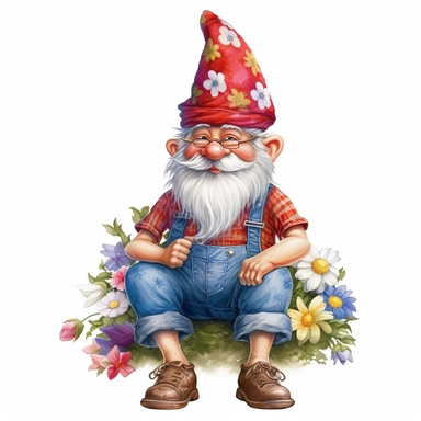 the most cute whimsical gnome, with hat over eyes, wearing a summer flowers hat and poulaines shoes, hands in his pockets, sitting, clipart, white background with margins