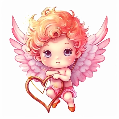 Chuppy chibi Cupid, cute cupid, cupid holding heart, extremely detailed, illustration clipart, on white background, watercolor