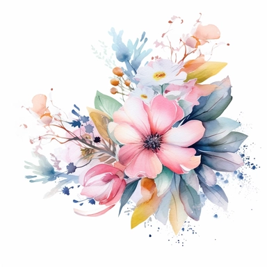 watercolor spring flower group for corner of invitation, clipart isolated on clear white background, soft colors, boho, lithograph, 32k uhd, textural