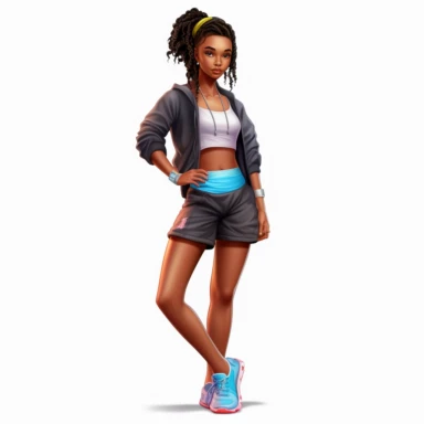 beautiful black teenage girl with beautiful flowing short hair, dressed in fitness attire. Full perspective and, long shot A young black woman with full lips and a big beautiful smile, dressed in a jogger, has short flowing hair and beautiful shapely legs, wearing sneakers, clipart in the style of digital airbrushing, feminine sticker art, dollcore, realistic face, realistic body, glamorous,