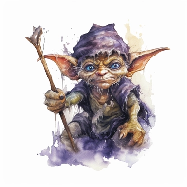 watercolor dark fantasy mystic goblin clipart, hd 4k, detailed, focused, isolated on white background