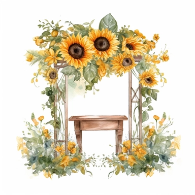 A watercolor clipart of a sunflowers wedding altar, in the style of a variety of natural colors, flat yet expressive, pastoral charm, naturecore, white background, vector