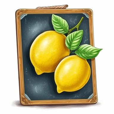 on white background cute and vibrant clipart featuring lemon chalk drawing on chalkboard in watercolor style, hyper realistic flat color