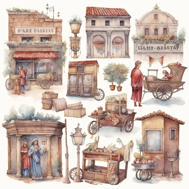Watercolor roman bazaar with roman people shopping , illustrations clipart set, simple, , cartoon elements, different variants , iron elements, marble elements, separate elements with a margin