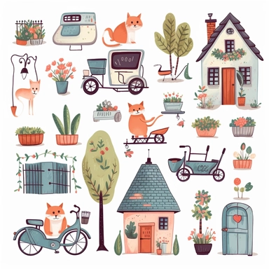 cute small houses, garden flowers and trees,cat, dog,bench, flower pots, fench,bycycle, house keys,postbox,birds,cute bettle car,outdoor lamps cliparts in hand drawn vector illustration on white background.
