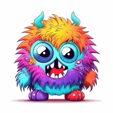 whimsical kawaii chibi fluffy colorful monster with big eyes, big teeth cartoon clipart on white background with margins, Psychedelic, watercolor, icon, sticker, vivid colors, full colors, and details, 32k, 3d