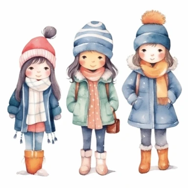 Set of watercolor cute little girl in winter clothes illustration for kids book, white backgroun, clipart, clean and crisp