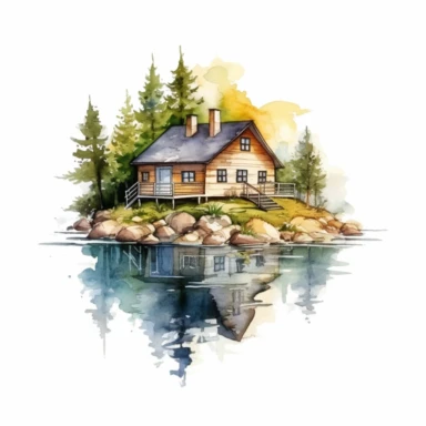 Watercolour small house on a lake, clipart on white background, no watermark, highly detailed, professional color gradation, clean sharpness