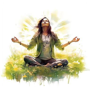 enchanted Front illumination of ultra realistic watercolor of full body of an insanely beautiful hippie country happy woman, doing yoga pose in grass field , highly detailed and realistic, insane quality, mystic, wiccan, art nouveau art style, clipart witchcore dreamcore cottagecore, good looking meditation, yoga calm, serene, healthy, white background no text, isolated on white, watercolor illustration, award winning, strong and sharp lines
