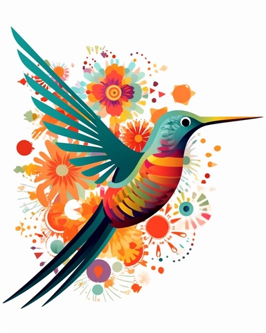 Create a colorful and playful clip art of a hummingbird. Keep the design simple and minimalistic, focusing on capturing the essence of the bird's shape and character. Use bold and vibrant colors to make the hummingbird stand out. Include a small flower or a few scattered petals as a decorative element. Emphasize clean lines and smooth curves to give the clip art a sleek and modern look. Aim for a high-quality, vector-based artwork that can be easily resized and used in various digital and print 