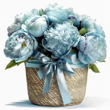 Watercolour realistic pastel blue iridescent glitter peonies in wooden wicker basket with delicate ribbon bow wrapped around it intricately realistically detailed pastel blue peonies, PNG image,transparent background ,ultra highly detailed, 18k, sharp focus, bright photo with vibrant colours, digitally enhanced,photographic, enhanced graphics, png format, straight, sharp focus, bright lighting, intricate detailed png image ,high definition,300dpi,graphic clipart,computer graphics