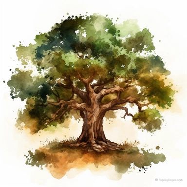 Design a captivating clip art image of an oak tree in a watercolor style with a white background. The oak tree should be majestic and exude strength and wisdom. Focus on its sturdy trunk, spreading branches, and broad, lobed leaves. Use earthy tones and vibrant colors to bring out the tree's natural beauty, including shades of green, brown, and golden hues. Pay attention to the intricate details of the bark and leaves, capturing their texture and unique patterns. Consider adding elements like ac