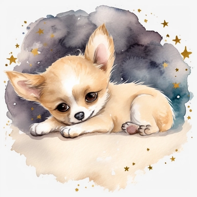 watercolor Cute big eyes puppy sleeps on crescent moon bed Surrounded by twinkling stars, sweet dreams vividly bold designs png realistic cartoon in 32K UHD cute. 15 cm thick outline. There was no shadow on the ground. 8k with realistic watercolors. and detailed illustrations. PNG clipart , transparent white background