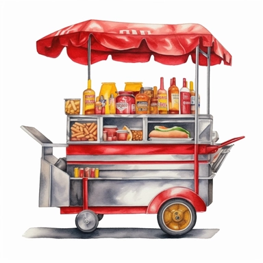 hyper-realistic high-detailed watercolor clipart of a mobile hot dog stand on a white background. The stand should have a sleek and compact design, reminiscent of the iconic New York street style. Depict a streamlined cart with a simple color palette, such as silver or gray, with pops of red and yellow accents. Ensure the clipart includes essential elements such as the serving window, grill, condiment area, and a small seating counter if desired. Emphasize the presence of the grill, showing it a