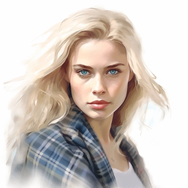 beautiful stunning pretty Scottish young woman , with blonde hair and blue eyes, vintage , paint art style, clipart, white background, superrealistic, one of a kind