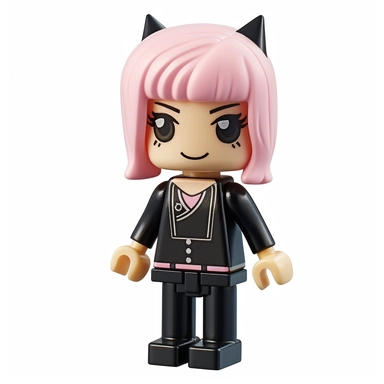 kindgarden girl, light pink middle hair, A-shape black dress with some golden borders, wearring black oxford shoe with white socks, wearing 2 black cat-ear-shape hair clips on head, frontal view, centered image, lego minifigure, full body length character, a high-res digital design, simple iconic design, smooth edges, sharp lines, classic minifigure expression, neutral expression, customizable, wide range of colors and accessories, avatar, profile picture
