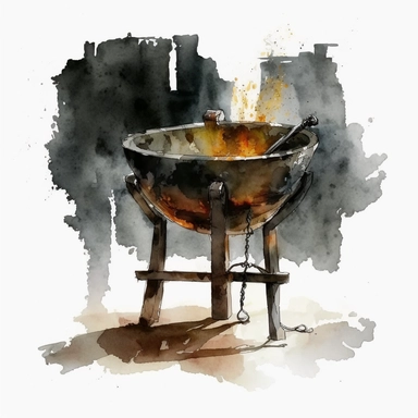 Bowl with fire on an iron stand, medieval tavern, in black color, gothic style, watercolor by mary whyte, romantism, clear line, white solid background, clipart, medieval