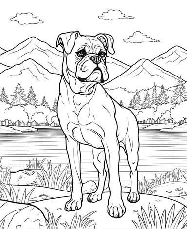 expert coloring page style of ultrarealistic Boxer Dog breed Clipart, simple lake background, simple line art, line is crisp and clean, easy to color