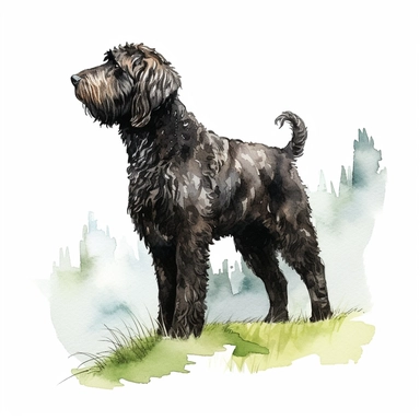 side view high detailed, Hand drawn watercolor clipart of a happy Black Labradoodle enjoying the green hill , on a pure white background for background removal, no shadow, no paint splash