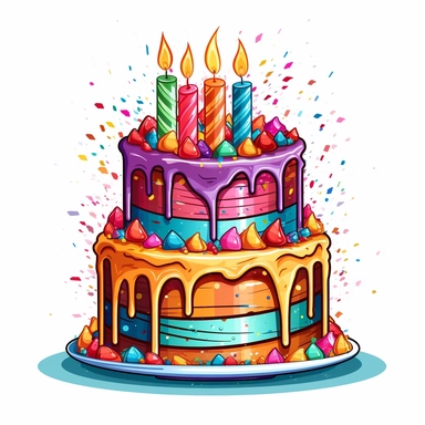Generate a high-quality clipart image of a colorful and decadent birthday cake. Include multiple layers with vibrant frosting, sprinkles, and candles.