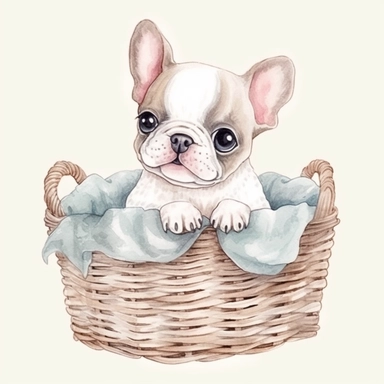a super cute happy baby french bulldog in a basket, illustration watercolor style, minimalistic, clipart, children's book illustration, hd, 16k, 4k